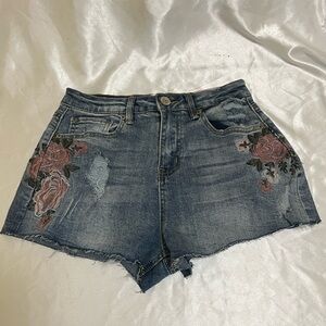 Almost Famous Blue Denim Shorts with Pink Rose Embroidery